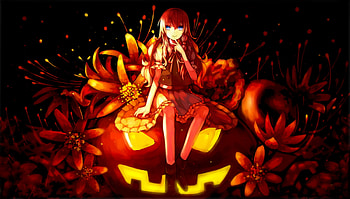 Kirisame Marisa, halloween, black, anime, pumpkin, girl, manga, orange HD wallpaper