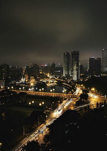 Cities, Night, City, Skyscraper, Building, Lights, Road HD phone wallpaper