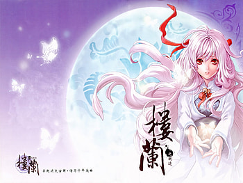 Butterfly of Moon, bell, china clothes, cute, necklace, beauty, butterfly, moon, original, female, sweet, alone, ribbon, girl, pink hair, anime girl, pretty, cool, hair bow HD wallpaper