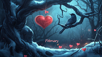 February Love: A Romantic of Birds and Hearts, february, Valentine's Day, love, bird, tree HD wallpaper