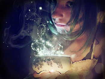 a little bit of spell, spraks, abstract, fantasy, face, bowl, female HD wallpaper