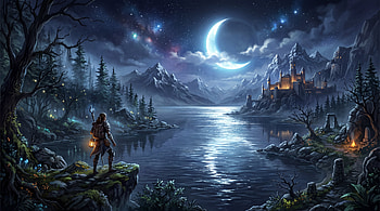 Moonlit Lake — Fantasy, Castle HD wallpaper