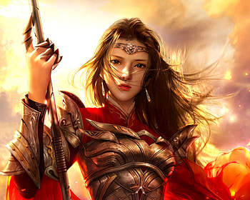Warrior girl, frumusete, dacongjun, girl, armor, wind, fantasy, red, luminos, da congjun, warrior HD wallpaper