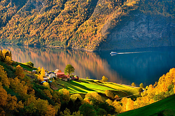 Mountain river, Autum, Meadow, Sea, Grass, Ship, Water HD wallpaper