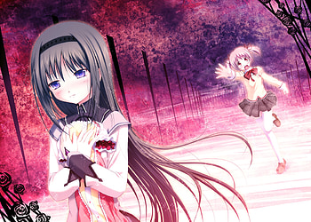 Akemi & Kaname, mahou shoujo madoka magica, headband, seifuku, ribbons, akemi homura, black hair, pink hair, long hair, dress, kaname madoka, purple eyes, anime, girls, blush, pink eyes HD wallpaper