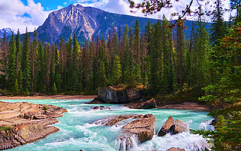 Natural Bridge, Yoho National Park, British Columbia, clouds, trees, cascades, sky, canada, mountains, water, rocks HD wallpaper