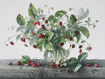 Strawberry Bouquet, leaves, wood, painting, strawberries, vase, glass, water HD wallpaper