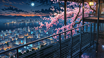 anime city with night view R, Anime, star, anime city, moon, blossom HD wallpaper