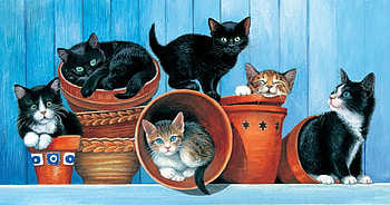 Kittens, blue, kitten, animal, black, art, cute, cat, orange, painting, pictura, luminos, pot HD wallpaper