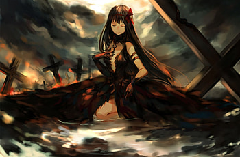 Devil, homura, mahou shoujo madoka magica, emotional, gloom, eerie, long hair, dress, akemi, female, sexy, scene, akemo homura, girl, gloomy, sorrow, black hair, mahou shoujo, dark, anime girl, creep, anime, madoka magica HD wallpaper