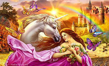 Unicorn and Fantasy Girl, butterflies, vibrant colors, fantasy girl, magical, unicorn, dreamy, fantasy land, Fantasy HD wallpaper