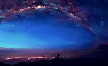A couple looks over a nighttime cityscape while galaxies hang overheard, blue, night, city lights, galaxy, city, man, stars, romance, cityscape, woman, purple, love, lights, couple, space, sky HD wallpaper