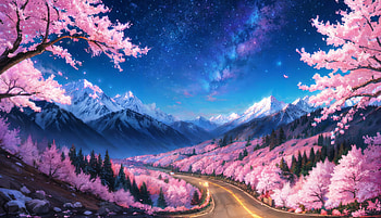 Starry Blossoms, mountain, night, cherry blossom, fantasy, landscape, fantasy landscape HD wallpaper