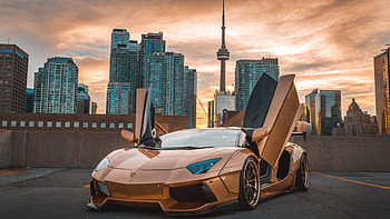 Golden Lamborghini Aventador, CN Tower HD wallpaper
