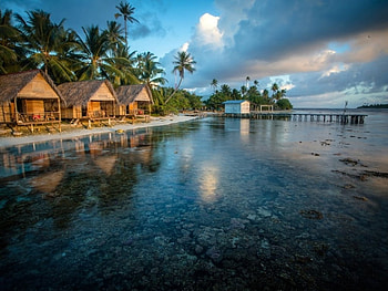 Tropical Bungalows, sea, clouds, plam trees, beach HD wallpaper