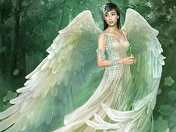 Angel, wings, frumusete, green, girl, luminos, tang yuehui HD wallpaper