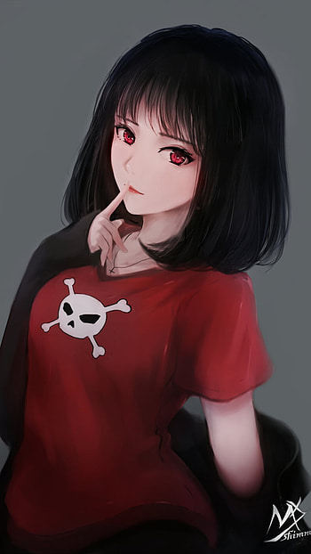 Crimson Gaze: Original Anime Girl with Black Short Hair, red eyes, short hair, black hair, Anime, Original HD phone wallpaper