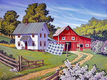Grandma’s Quilt, barn, painting, fence, house, trees, landscape HD wallpaper
