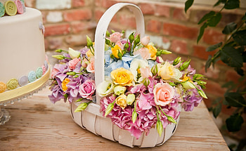 Flowers, Roses, Table, Basket, Hydrangeas HD wallpaper