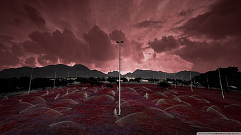 wonderful red evening, lights, clouds, fields, sky, sprinklers HD wallpaper