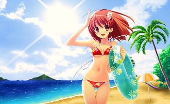 Sunny Summer, umbrella, yui inaba, bikini, unisonshift, beach, palm tree, visual novel, clouds, flyable heart, sun, ocean, cloud HD wallpaper