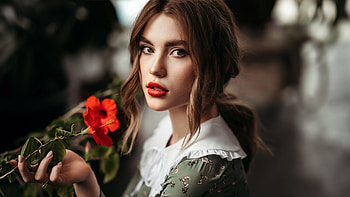 Beautiful Girl Model With Red Hibiscus Flower In Hand Standing In Blur Background Wearing Light Sage Color Dress Girls HD wallpaper