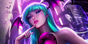 Morrigan, blue, wings, frumusete, bat, girl, vampire, hand, pink, fantasy, face, luminos, michellehoefener HD wallpaper