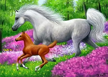 Painting, pink, mother, kid, flowers, hosrses HD wallpaper