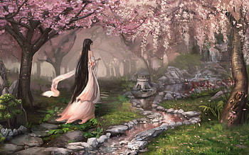 Spring, art, asian, girl, pink, fantasy, flower, green, luminos, blossom HD wallpaper