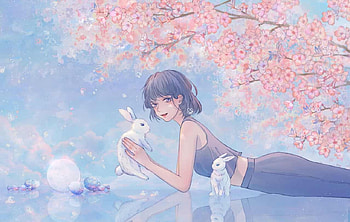 :), bunny, blue, pink, anime, girl, spring, manga, rabbit HD wallpaper