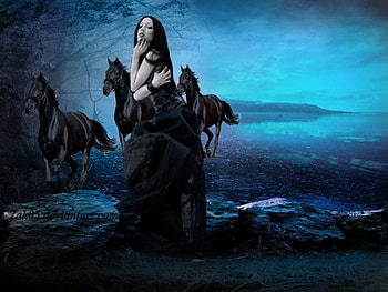 Her Dark, blue, lady, horse, fantasy, dark HD wallpaper