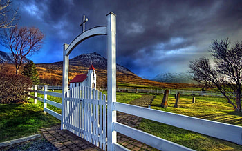 Before The Summer Storm, cemetery, gate, fence, iceland, trees, sky, stormy clouds, church HD wallpaper