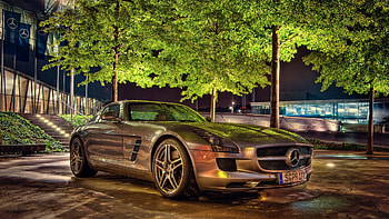 mercedes sls in front of a merc dealership r, night, car, trees, r, square HD wallpaper