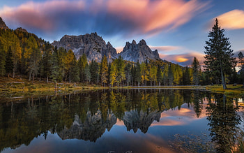 Autumn Reflections, sky, mountains, water, sunset, clouds HD wallpaper