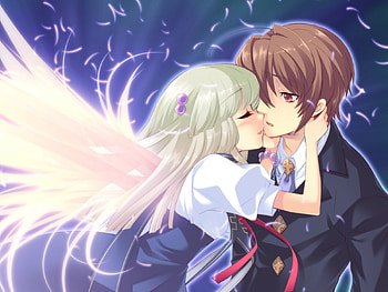 Kiss by an Angel, lover, glow, cute, angel, long hair, feather, wing, short hair, couple, male, female, handsome, sexy, wings, hot, girl, romance, anime girl, boy, anime, hug, light, love, romantic, kiss, guy HD wallpaper