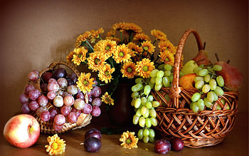 FRUIT AND FLOWERS, FRUIT, FLOWERS, BASKET, COLORS HD wallpaper