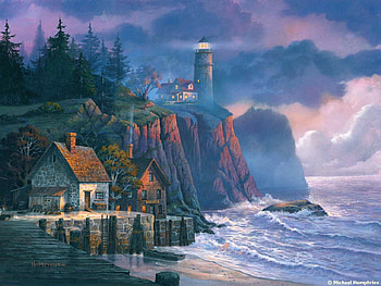 Lighthouse, art, painting, mountain HD wallpaper