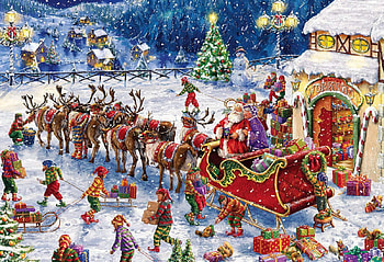 Start from Santa\'s Workshop, artwork, children, reindeer, sleight, snow, gifts, village HD wallpaper