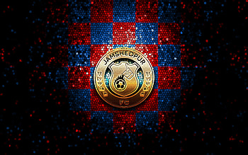 Jamshedpur FC, glitter logo, ISL, red blue checkered background, soccer, indian football club, Jamshedpur logo, mosaic art, football, Jamshedpur, India HD wallpaper