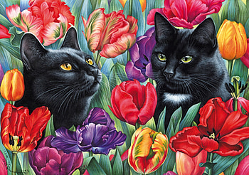 Cats and tulips, red, irina gormanova, lalele, tulips, spring, colorful, black, art, cat, painting, pisici, pictura HD wallpaper