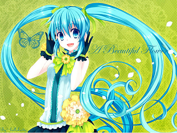A Beautiful Flower, awesome, song, cute, vocaloid, beauty, nice, miku, music, vocaloids, petals, flower, hatsune, aqua eyes, skirt, program, hatsune miku, twintail, girl, singer, aqua, beautiful, diva, tie, anime, pretty, aqua hair, green, yellow, cool, idol, virtual, lime HD wallpaper