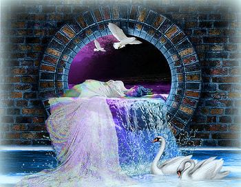 ~Water Dreams~, birds, emotional, beautiful girls, digital art, dress, lady, water dreams, water, model, weird things people wear, backgrounds, creative pre-made, swans, fantasy, manipulation, softness beauty, girls, women, hair HD wallpaper
