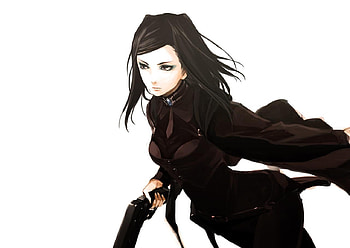 Re-l Mayer, jacket, white background, ergo proxy, black hair, long hair, weapons, anime girl, anime, gun, black eyes, female HD wallpaper