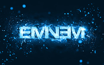 Eminem blue logo, , american rapper, blue neon lights, creative, blue abstract background, Marshall Bruce Mathers III, Eminem logo, music stars, Eminem HD wallpaper