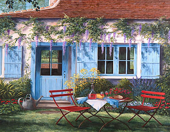 La Port Bleu, blue, table, windows, house, grass, cheese, platter, chairs, napkins, door, vines, glasses, water can, wine HD wallpaper