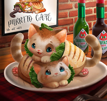 Purrito Cafe, pisici, art, fantasy, cute, piper thibodeau, luminos, cat, food HD wallpaper