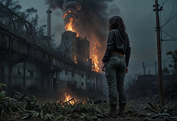 Old Factory Burning, dark, abandoned, post apocalyptic, woman, Melancholic HD wallpaper
