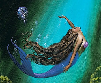 Mermaid, blue, sea, sirena, art, jellyfish, girl, painting, fantasy, pictura, underwater, luminos HD wallpaper