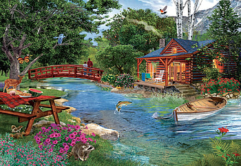 Afternoon Fishing, artwork, river, boat, digital, bridge, trees, cabin HD wallpaper