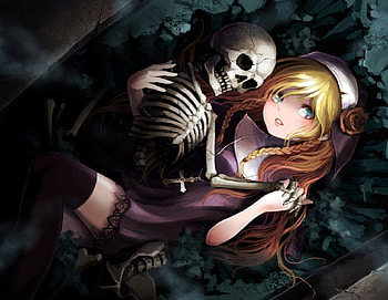 Skeleton, blond hair, scary, blonde, gloom, cute, eerie, long hair, creepy, bone, scare, sinister, , blonde hair, female, sexy, blond, hot, girl, gloomy, anime girl, lying, anime, horror HD wallpaper